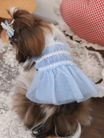 ブルーデニム×チュールの小型犬ドレス｜おしゃれな犬用パーティー服 犬