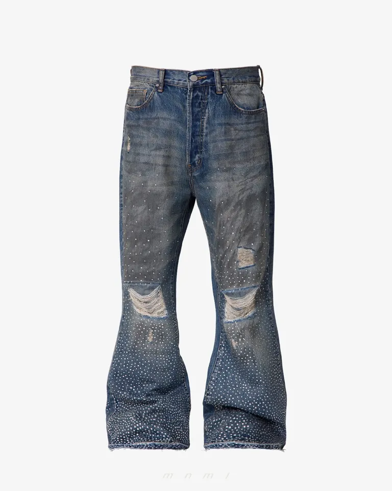Rhinestone Kick Flare Denim - Blue | mnml