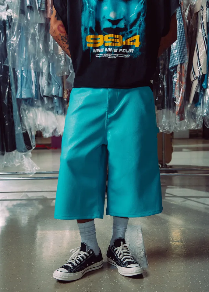 Ultra Baggy Leather Work Shorts - Blue | mnml