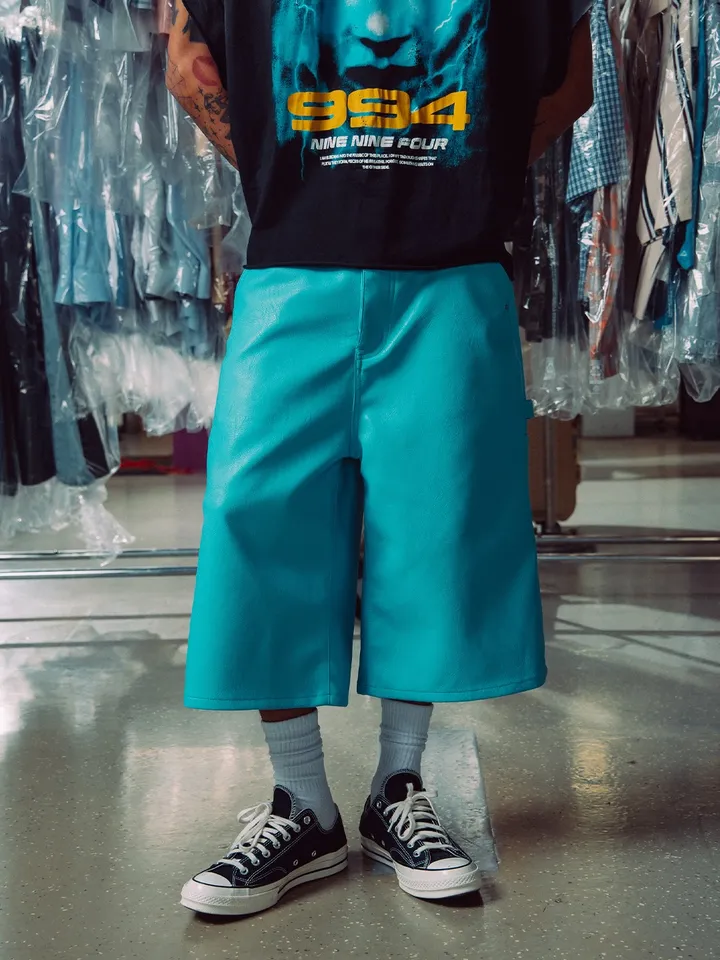 Ultra Baggy Leather Work Shorts - Blue | mnml