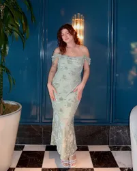 green emerald velvet dress Bella Off-Shoulder Maxi Dress Green main image 1