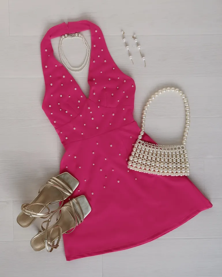 Exclusive Evening Halter Pearl Mini Dress Fuchsia | Hello Molly US Exclusive Evening Halter Pearl Mini Dress Fuchsia | Hello Molly US