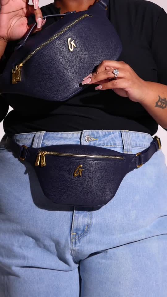 PEBBLE MINI FANNY PACK NAVY | Vegan Leather, Gold Double Zipper