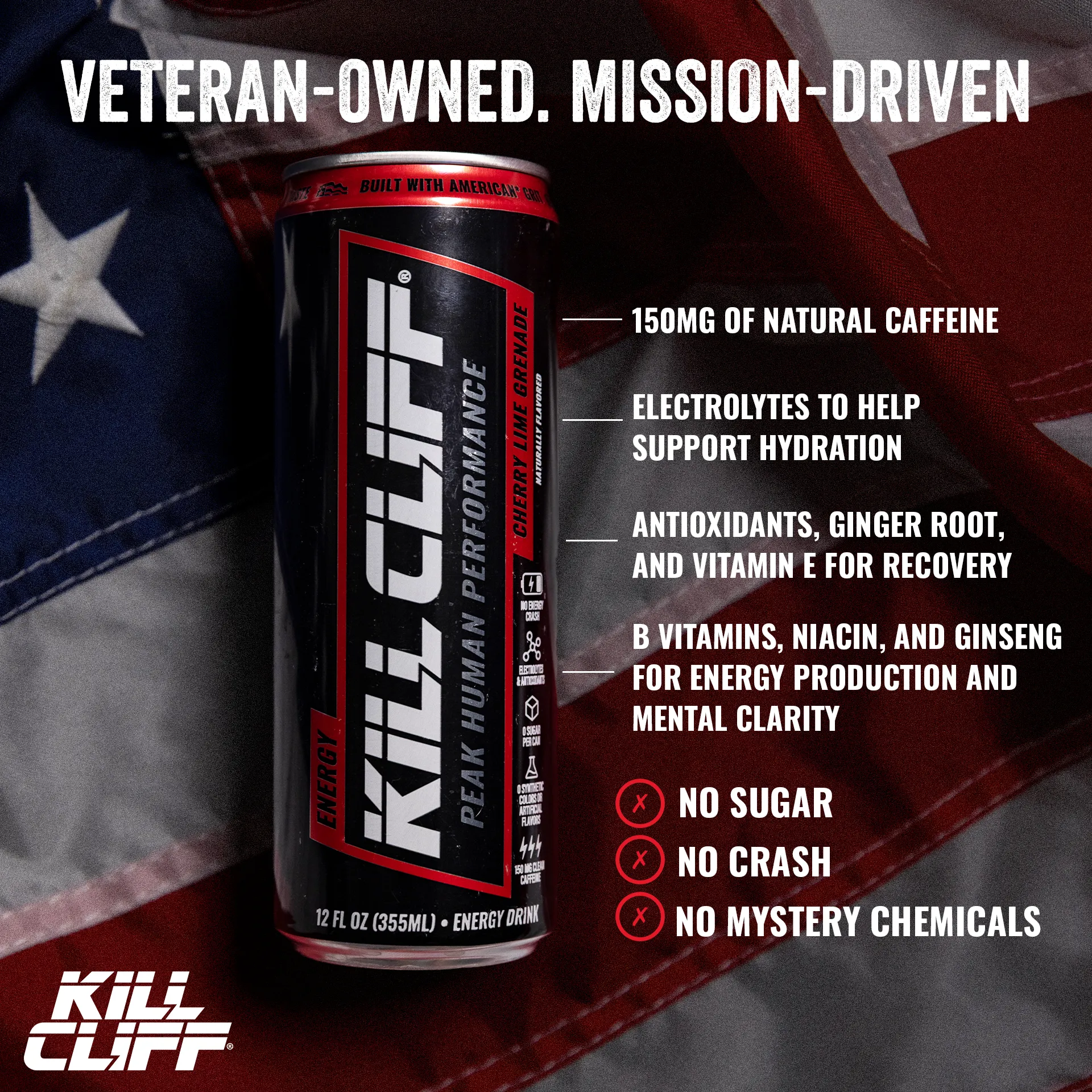 Kill Cliff Energy Cherry Lime Grenade can — Veteran-Owned. Mission-Driven. 150mg of natural caffeine, electrolytes to help support hydration, antioxidants, ginger root and vitamin E for recovery, B vitamins, niacin and ginseng for energy production and mental clarity. No sugar, no crash, no mystery chemicals.