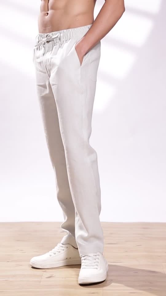 White Pure Linen Pants With Elastic Waistband, Drawcord & Zipper