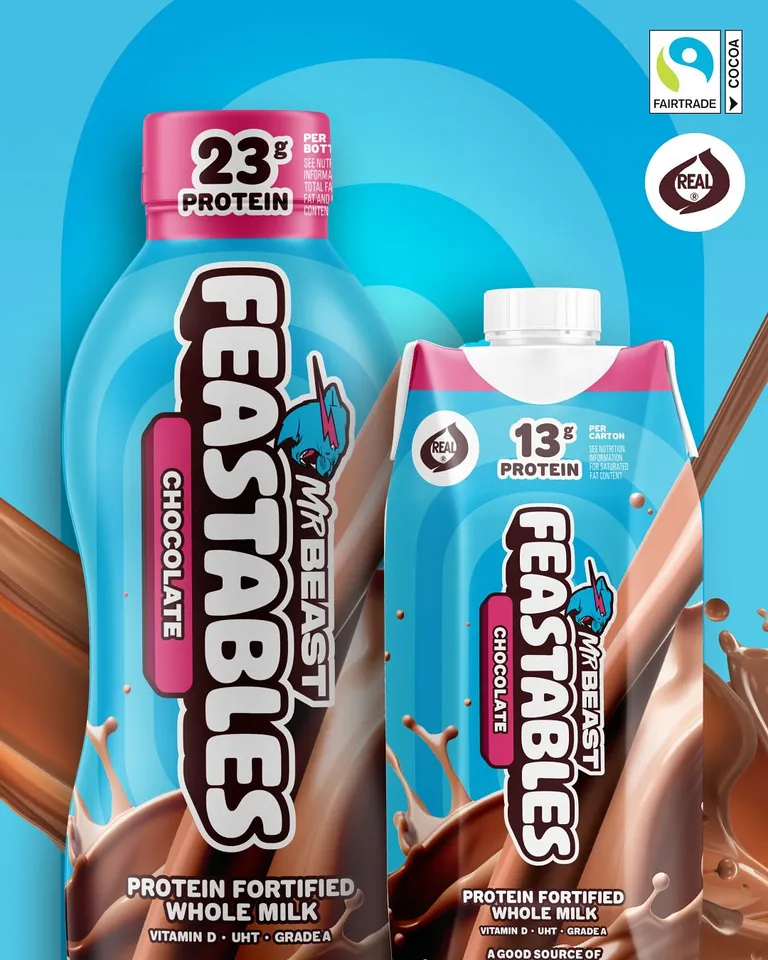 The new Feastables Chocolate Milk is here! It’s made with real whole milk and Fairtrade cocoa, and loaded with essential vitamins A&D and potassium. It’s now available at Walmart, 7Eleven, and Speedway locations nationwide! I can’t wait for you to try it :)  Go watch the full Feastables Movie on MrBeast2!