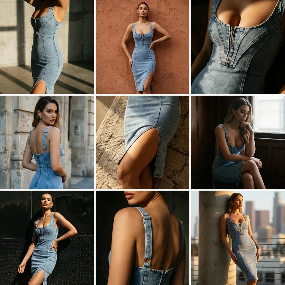 Long Sleeve Fit Flare Denim Dress - Dark Blue Wash Hstrends Long Sleeve Fit Flare Denim Dress - Dark Blue Wash Hstrends