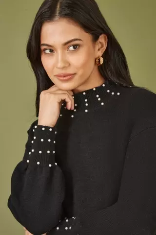 Yumi Black Pearl Detail Knitted Relaxed Jumper Dress  Hstrends
