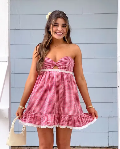 Maisie Red Gingham Strapless Mini Dress | Beginning Boutique US