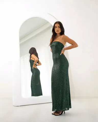 Emerald Green Sequin Bandeau Maxi Dress Maiah Emerald Green Sequin Maxi Dress  Beginning Boutique US