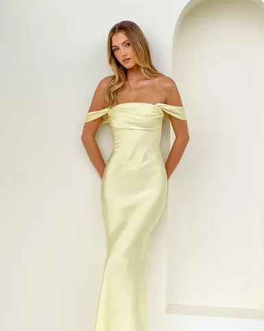 ella light yellow off shoulder formal maxi dress Ella Light Yellow Off Shoulder Formal Maxi Dress - US 18