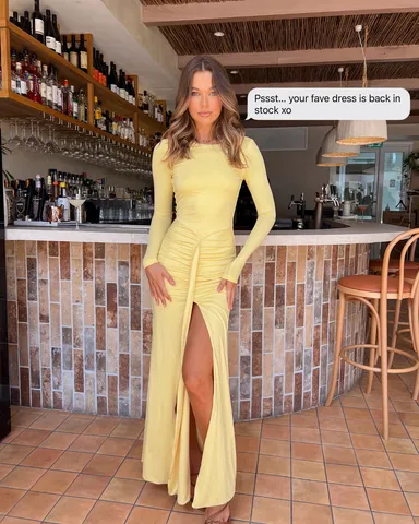 golden yellow long sleeve dress VL The Label modest draped long sleeve maxi dress in yellow
