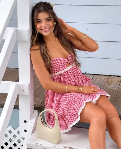 新品 ANDWANG Arrange Gingham Mini Dress M Maisie Red Gingham Strapless Mini Dress | Beginning Boutique US