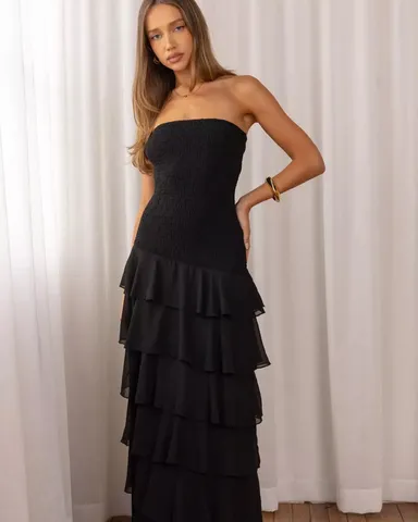 Riles Black Strapless Ruffle Maxi Dress - US 4 | Beginning Boutique Exclusive