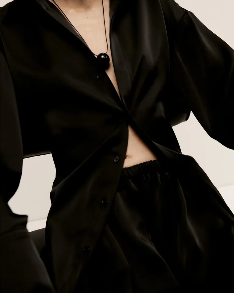 Ella Black Satin Corset Back Shirt | Elka Collective