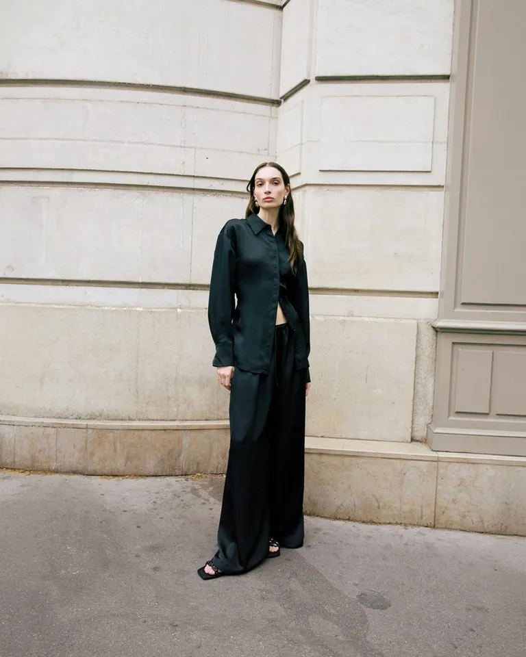 Mina Black Satin Wide Leg Pant | Elka Collective