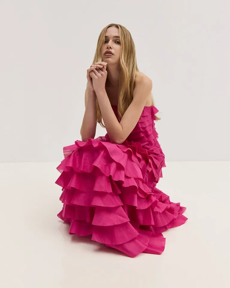 knee length dresses for ladies Fleur Pleated Gown-COLLAGE FLORAL / 4