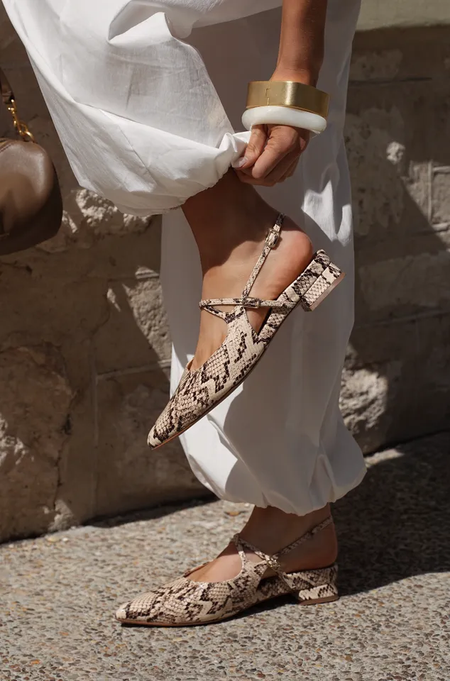 Osprey Chocolate Brown & Beige Snake Emboss Leather Flats | Bared