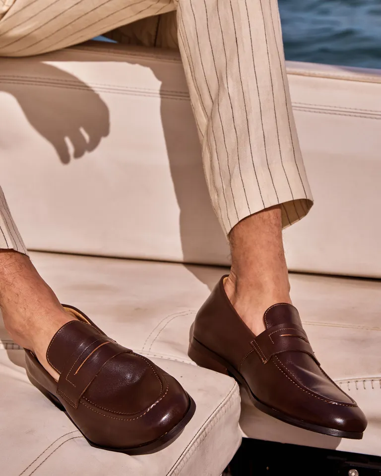 Samarium Chocolate Leather Loafers - Bared Footwear display picture 1