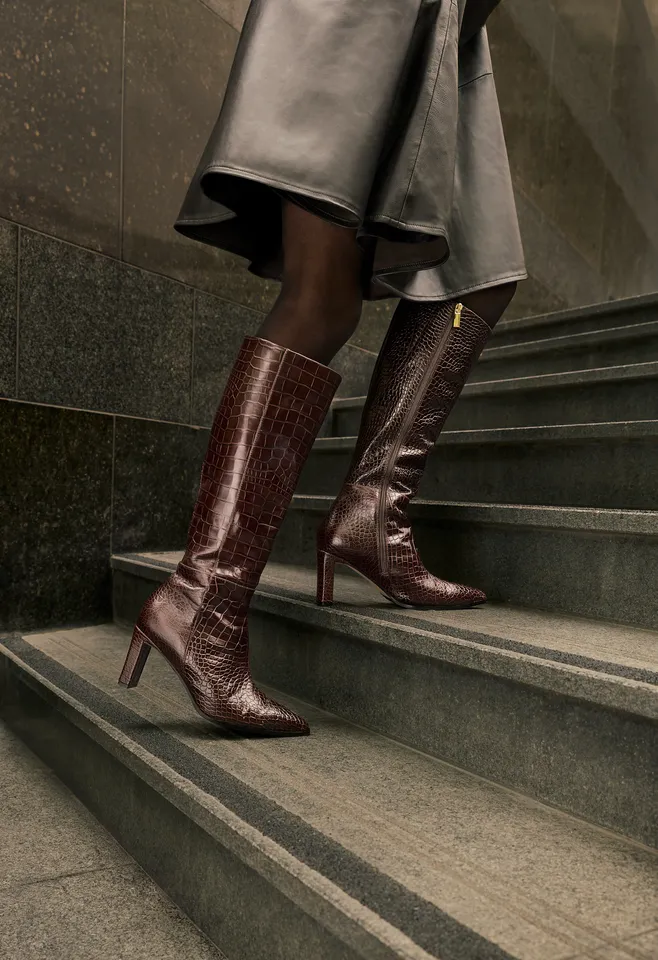 Pandion Chocolate Brown Croc Emboss Leather Knee High Boots Pandion Chocolate Brown Croc Emboss Leather Knee High Boots