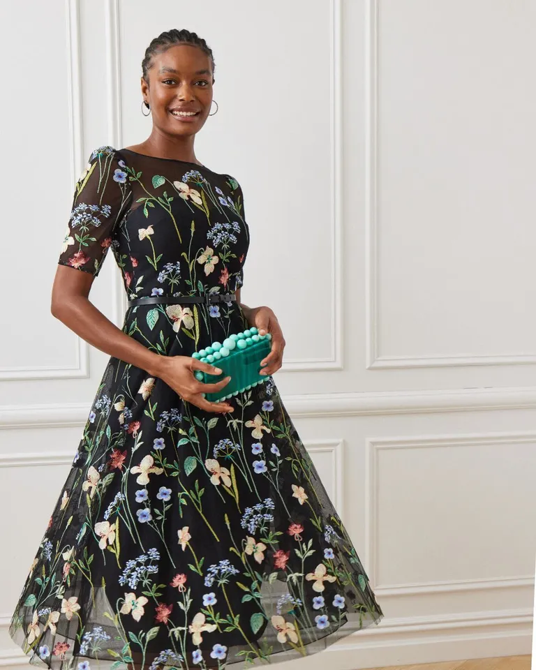 sachin and babi light blue dress Mac Duggal Floral Embroidered Sleeveless Tulle Midi Dress
