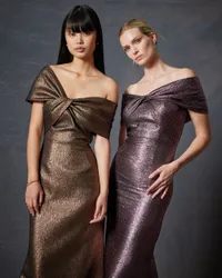 Metallic Jacquard Twist Bodice Off The Shoulder Gown – Terijon.com
