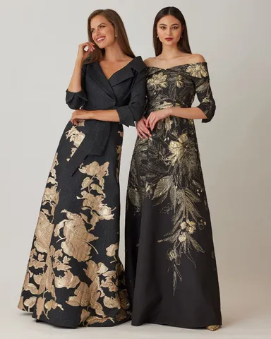 combo floral jacquard dress in black gold Azazie Centralia