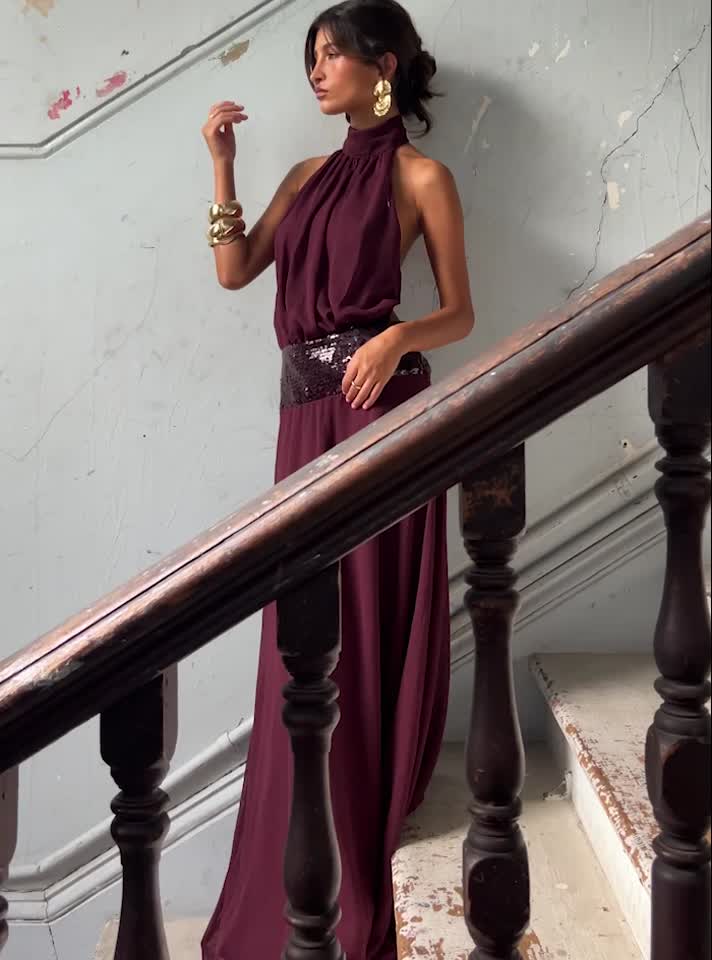 Darwinn Drop Waist Sequin Detail Maxi Dress Burgundy.mp4