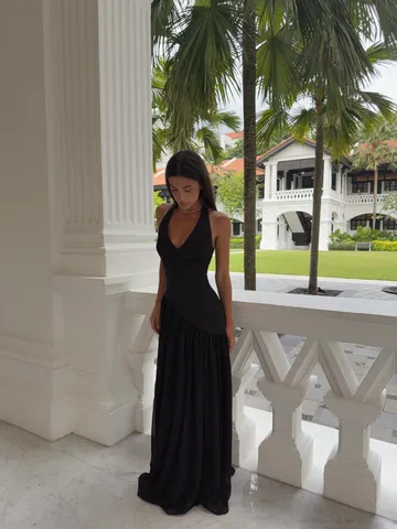 Calla Maxi Dress - Halter Neck Asymmetric Dropped Waist Dress in Black | Showpo USA Calla Maxi Dress - Halter Neck Asymmetric Dropped Waist Dress in Black | Showpo USA