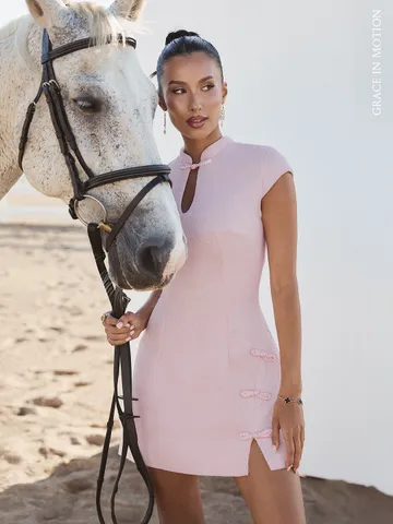 Jana Mini Dress - Mandarin Collar Leg Split Bodycon Dress in Pink | Showpo USA Jana Mini Dress - Mandarin Collar Leg Split Bodycon Dress in Pink | Showpo USA