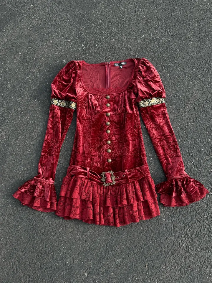 Betsey Johnson Crushed Velvet Medieval Mini Dress With Lace And Buckle -  Red  Dolls Kill