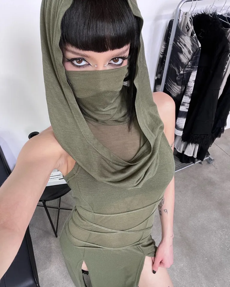 DARKER WAVS Mask Hood Slit Maxi Dress - Green  Dolls Kill