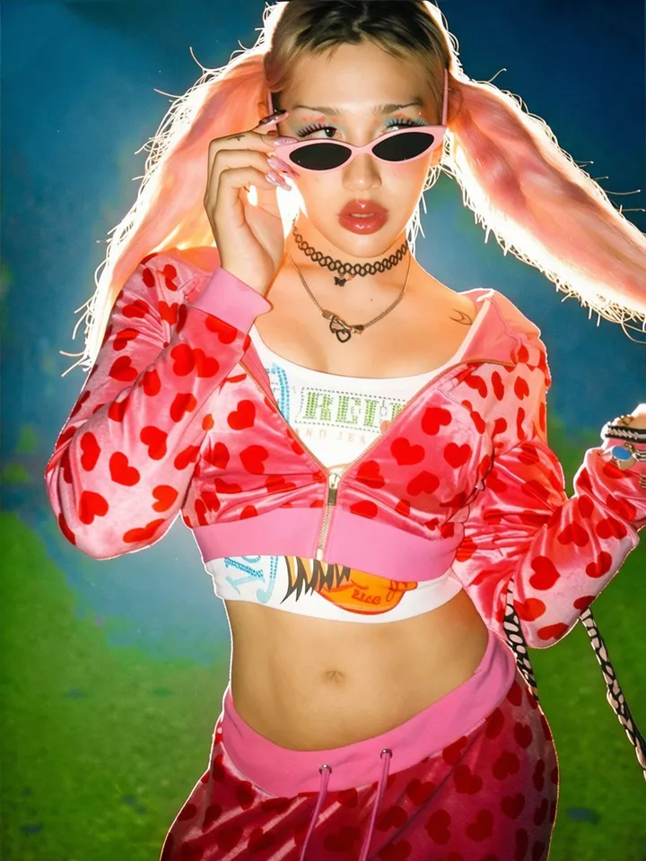 Sugar Thrillz Heart Print Velour Track Pants - Pink/Red – Dolls Kill