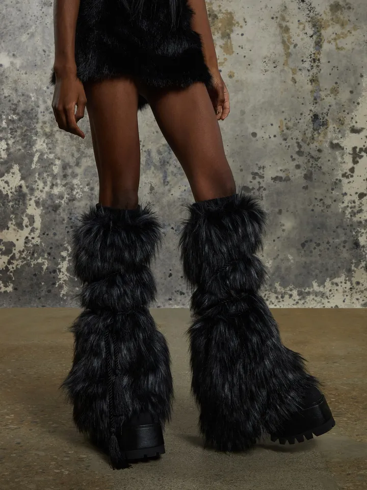 Club Exx Burning Man Faux Fur Leg Warmers With Tassel Ropes
