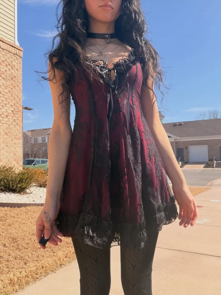 Ruffled Lace Mini Dress Widow - Dark Red Dolls Kill Ruffled Lace Mini Dress Widow - Dark Red Dolls Kill