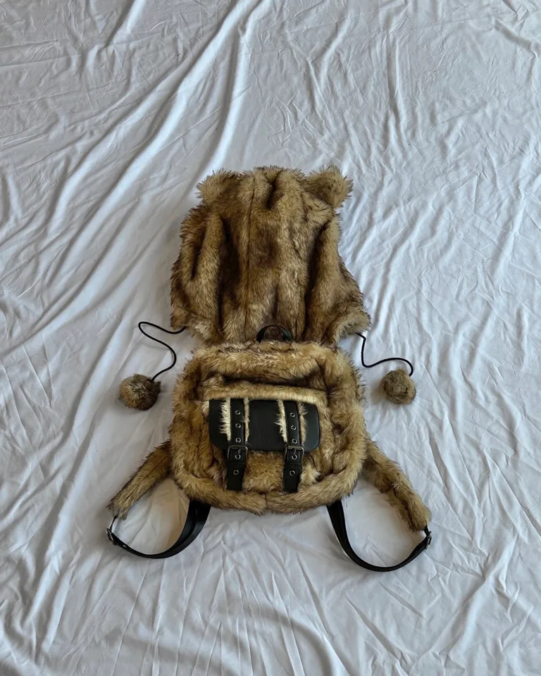 Club Exx Burning Man Faux Fur Bear Ears Hoodie Backpack With Pom