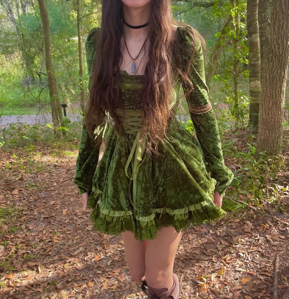 Current Mood Velour Embroidered Trim Mini Dress - Green  Dolls Kill