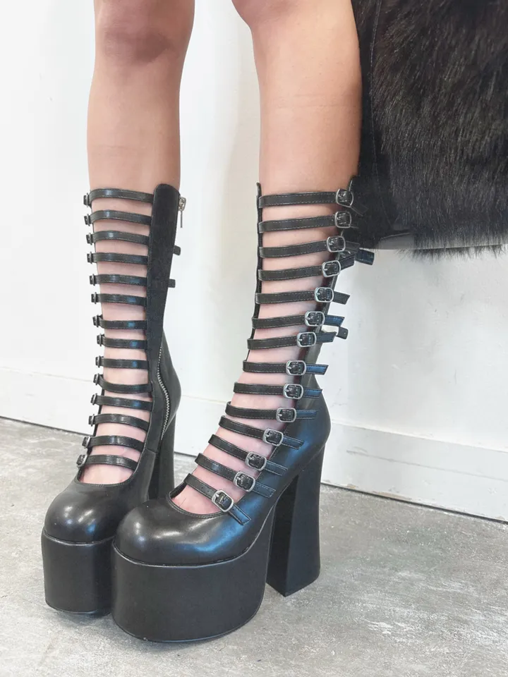 Hardcore Dazzle Kiki Multi Buckle Platform Mary Jane Boots - Black