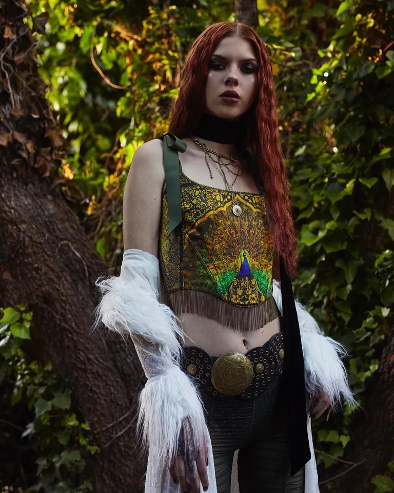 Widow Goth Peacock Fringed Hem Satin Corset Top - Dark Green