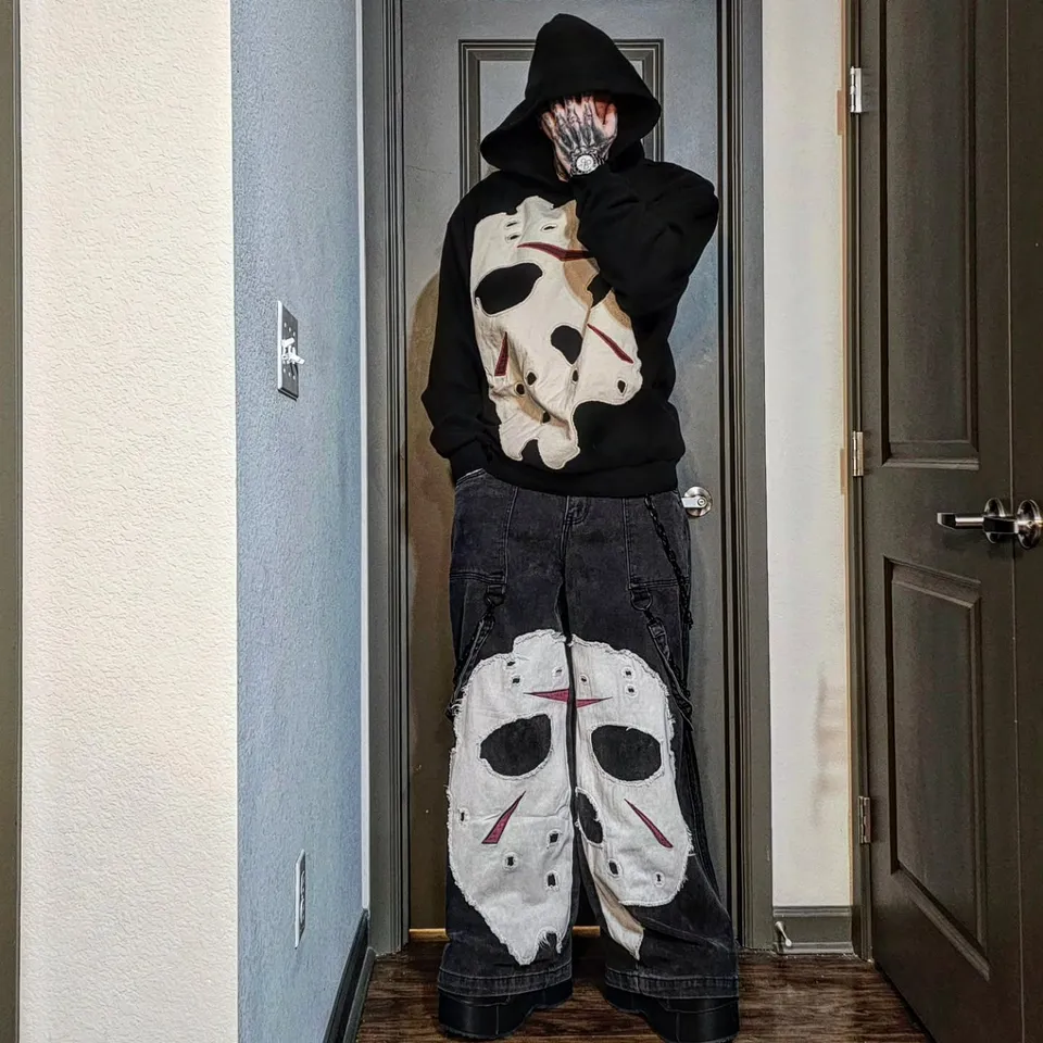 Dolls Kill x WB Horror Jason Mask Baggy Denim Jeans - Washed Black