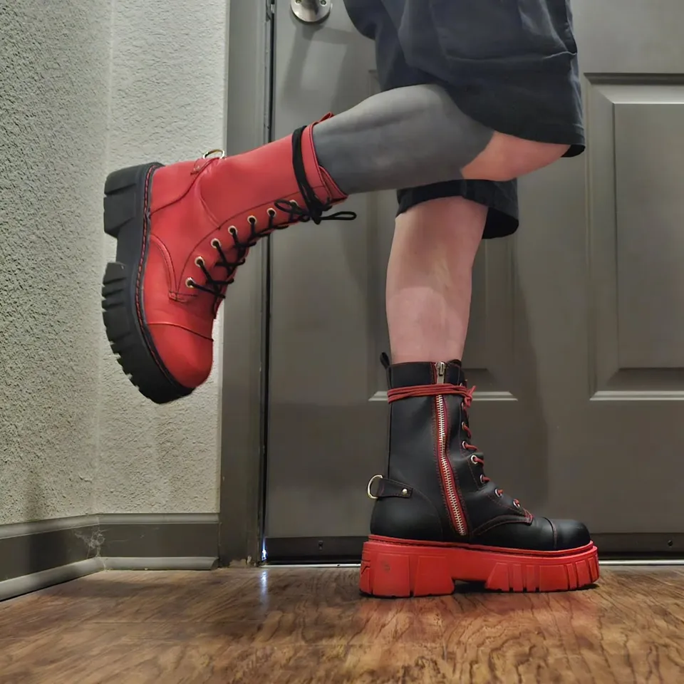  - Black Platform Combat Boots with Red Soles and Red Strap Accent LIKE NEW* ASOS DESIGN chunky wellington boots in black with contrast  main image 3
