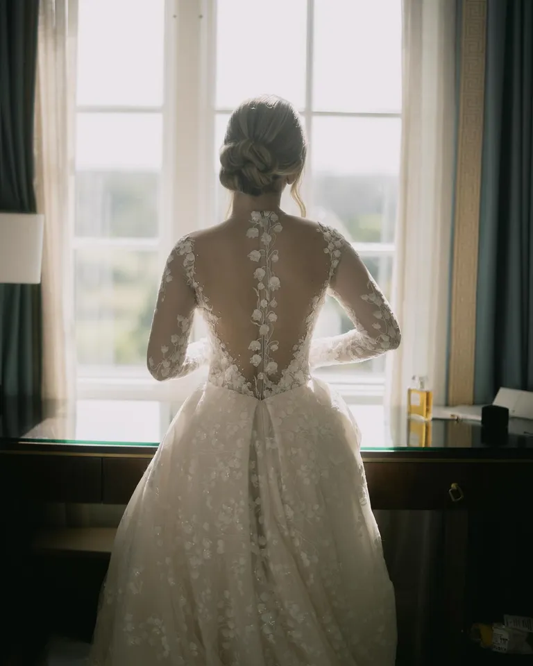 Reina | Plunging V Neck Long Sleeved Princess Wedding Dress