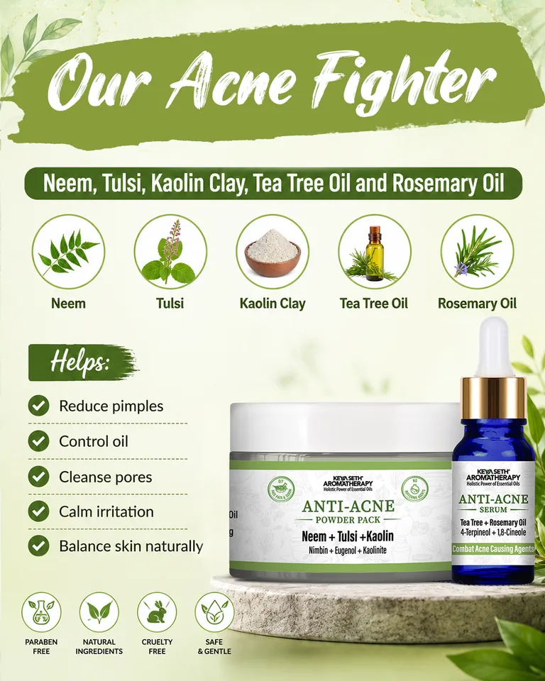 Anti Acne Powder Pack & Serum with Neem, Tulsi, Tea Tree & Kaolin